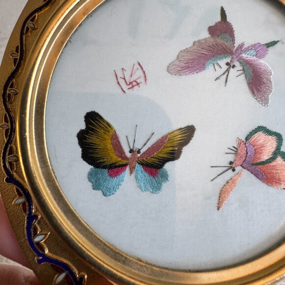 Vintage Chinese Cloisonne Silk Butterfly Embroidery Art - Picture 6 of 13